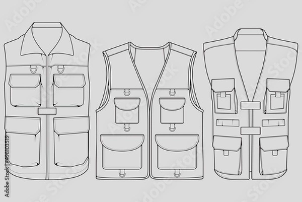Fototapeta Set of chest vest bag outline drawing vector, chest vest bag in a sketch style, trainers template outline, vector Illustration.
