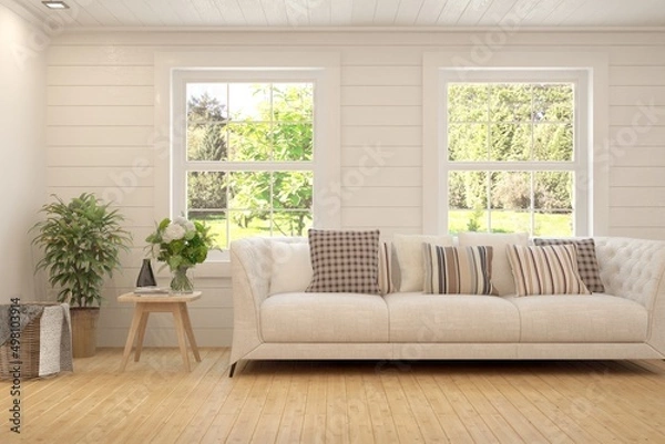 Fototapeta Minimalist living room in white color with sofa and summer landscape in window. Scandinavian interior design. 3D illustration