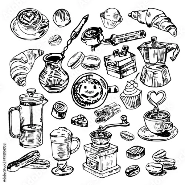 Fototapeta Coffee and dessert set doodle hand drawn.Breakfast set. Vector isolated on white background.