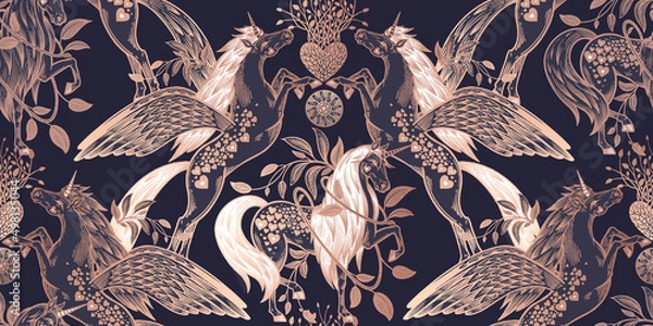 Fototapeta Unicorns in a fantasy forest. Fantasy Animal Seamless pattern.