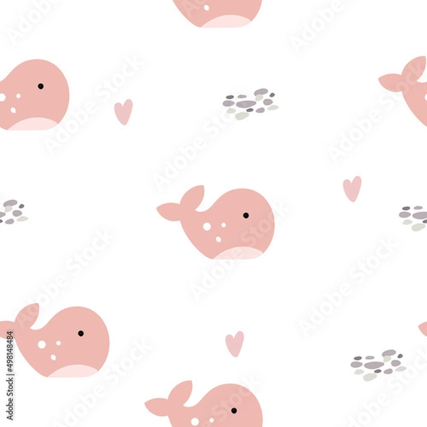 Fototapeta Seamless pattern with cute pink whales and hearts in cartoon style on white background