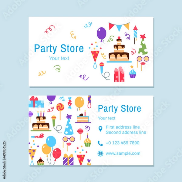 Fototapeta Party store business card template. Event service visit card design. Bright colorful celebrating flat elements for birthday party carnival festival. Fun cake mask balloon muffin vector illustration.