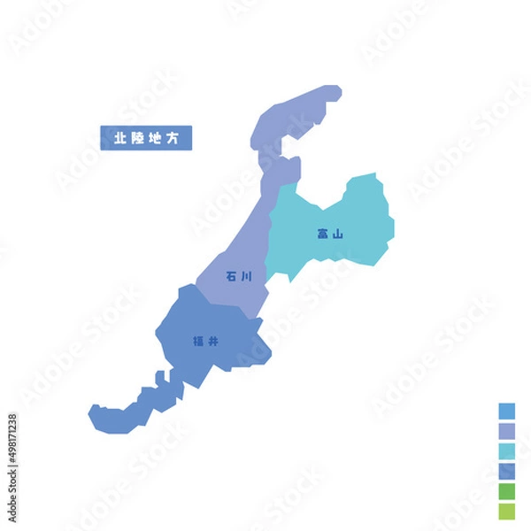 Fototapeta 日本の地域図・日本地図 北陸地方 雨の日カラーで色分けしてみた