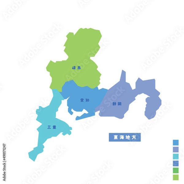 Obraz 日本の地域図・日本地図 東海地方 雨の日カラーで色分けしてみた