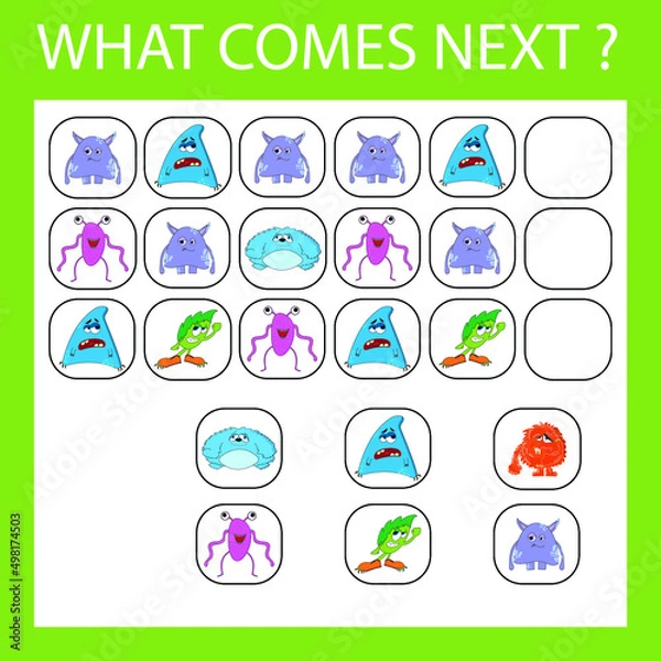 Fototapeta An educational activity for children - to make a logical chain of monsters. Which monsters is next?