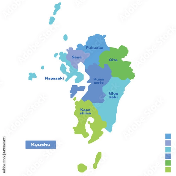 Obraz 日本の地域図・日本地図 九州地方 雨の日カラーで色分けしてみた（英語版）