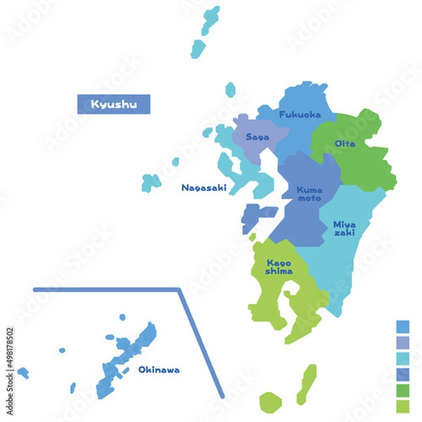 Obraz 日本の地域図・日本地図 九州地方 雨の日カラーで色分けしてみた（英語版）
