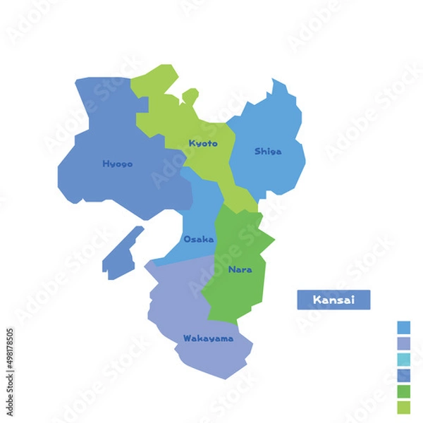 Obraz 日本の地域図・日本地図 関西地方 雨の日カラーで色分けしてみた（英語版）