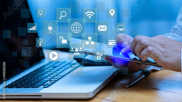 Obraz Business people hands working on network and digital finance marketing chart with future technology innovation and digital transformation concept.