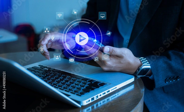 Fototapeta Business people hands working on network and digital finance marketing chart with future technology innovation and digital transformation concept.