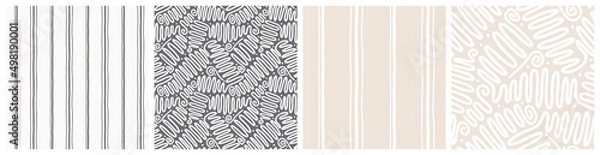 Fototapeta Ethnic decorative lace with waves and swirls coordinated with vertical stripes seamless pattern set. Neutral earth colors boho vector design shown in different scale variations.