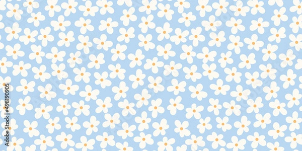 Fototapeta Floral pattern background border. Vector tossed seamless repeat design border element of blue hand drawn flowers.