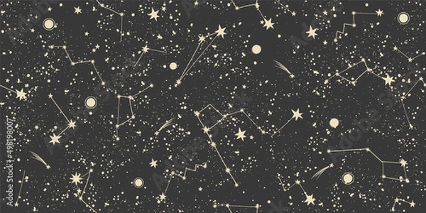 Obraz Mystical night sky with constellations seamless pattern. Mystical esoteric black boho background for fabric design, tarot, astrology, wrapping paper. Vector illustration.