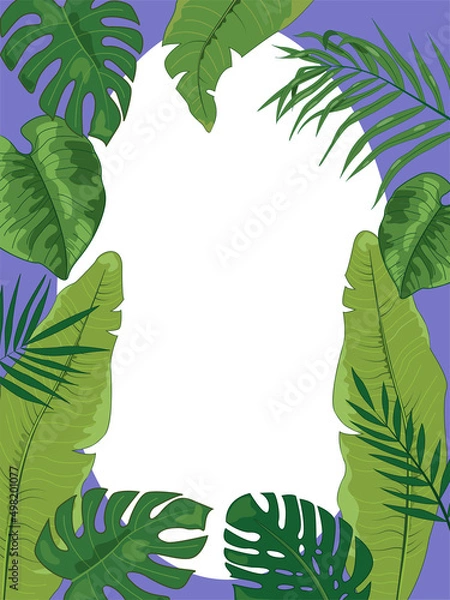 Fototapeta Summer frame of tropical green palm leaves in the form of an oval in color Very Peri with place for text. Exotic botanical design for cards, invitations.Vector.