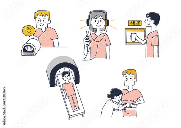 Fototapeta 健康診断、人間ドッグに関するイラストセット2　コミカルな手書きの人物　ベクター、線画にカラー