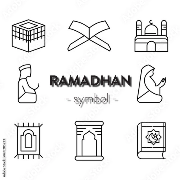 Obraz Ramadan line icon set, islamic holiday symbols collection, vector sketches, logo illustrations, islam icons, muslim day signs linear pictograms package isolated on white background,