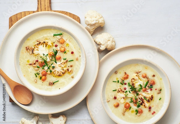 Obraz Vegan cauliflower soup on white background. Healthy vegan cauliflower soup served in bowl on white table.