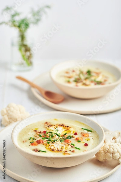Fototapeta Vegan cauliflower soup on white background. Healthy vegan cauliflower soup served in bowl on white table.
