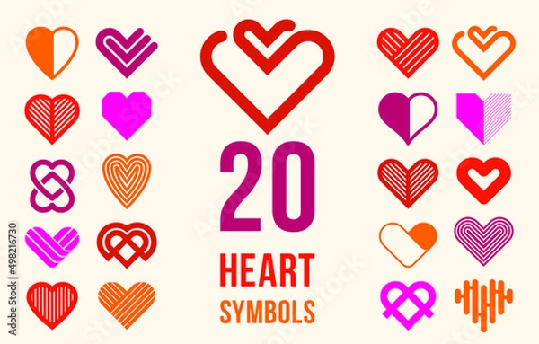 Fototapeta Hearts geometric linear logos vector icons or logotypes set, graphic design modern style elements, love care and charity geometrical symbols collection.