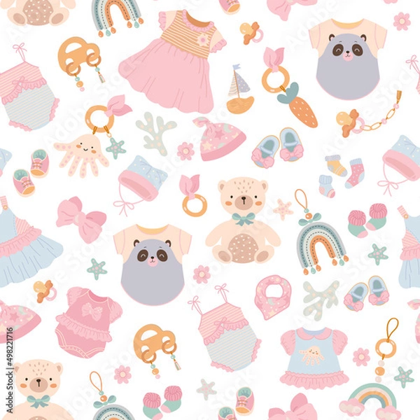 Fototapeta Baby toys seamless pattern. Cute kids fun toy, cartoon flat newborn fabric print design. Clothes and doll, kid accessories nowaday vector background
