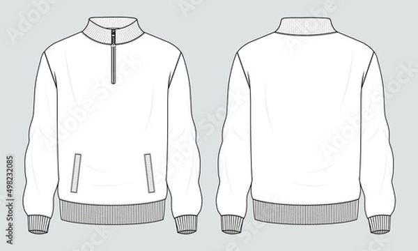 Obraz Long sleeve jacket with pocket and zipper technical fashion flat sketch vector illustration template front and back views. Fleece jersey sweatshirt jacket for men's and boys.