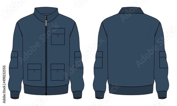 Fototapeta Long sleeve jacket with pocket and zipper technical fashion flat sketch vector illustration Navy blue Color template front and back views. Fleece jersey sweatshirt jacket for men's and boys.
