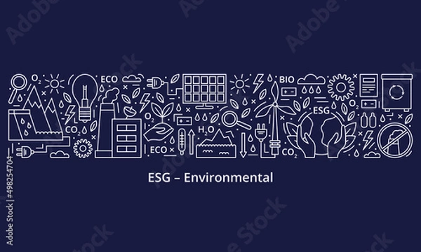 Fototapeta Set of ESG, ECO, BIO icons. ESG environmental criteria, the icons are at the top of the banner, the header is at the bottom. Banner. Template. Vector illustration isolated on dark background.