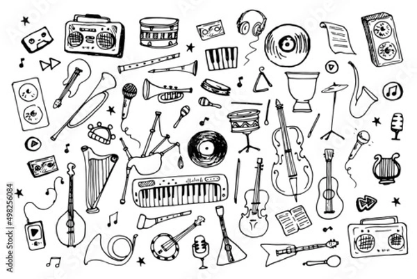 Fototapeta Musical instruments a large set of painted doodle icons. hand-drawn in cartoon style, isolated black outline on white Sheet music, drums, strings and wind instruments and electronic equipment