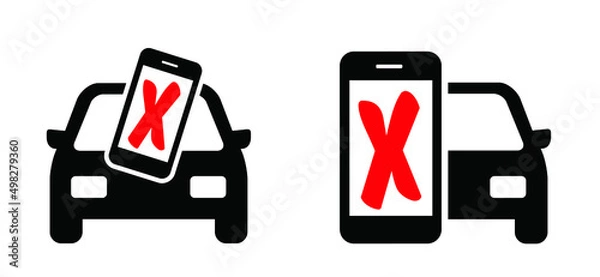 Obraz No mobile phones. Drive mobile-free, drive MONO. Vector traffic, road car icon, pictogram. Without distraction from apps or social media posts. Keep your eyes on the road. Mobile phone symbol or logo.