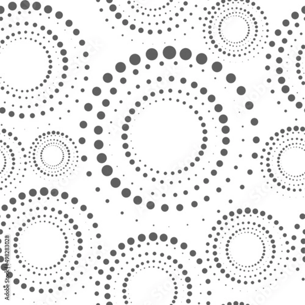Fototapeta Vector. Seamless geometric pattern. Halftone monochrome dots in circle shape. Round perforated dynamic background. Stencil, dotted frame, web banner, cover, social media splash screen, wallpaper.