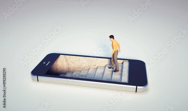 Obraz Man on stairs inside a smartphone.