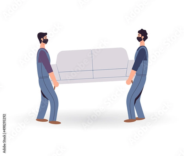 Obraz Professional movers in protective masks moving sofa. Loader carry new furniture. Men workers holding couch. Males in uniform from delivery and relocation service. Flat raster illustration