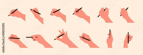 Fototapeta Hand hold pen in different gestures in flat style vector illustration isolated