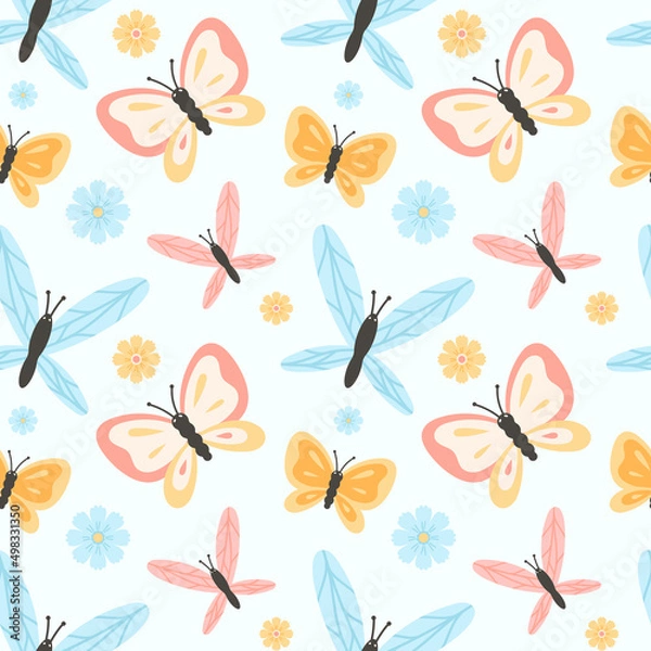 Fototapeta Vector seamless pattern with butterflies and flowers.