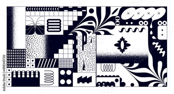 Fototapeta Abstract surreal black background combined from pieces of memphis patterns and geometric shapes