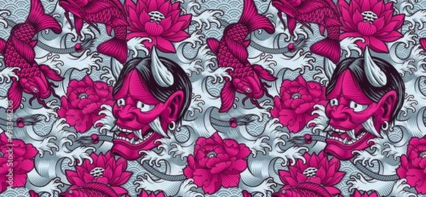 Obraz Japanese tattoo seamless pattern with koi fish, Oni demon, and Japanese waves.