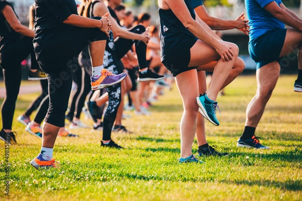Fototapeta Group running warm up, Legs on beautiful green grass in warm light. Team training, stretching and core exercise