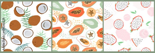 Fototapeta A set of seamless pattern with coconut and palm leaves, papaya, passion fruit. Tropical abstract summer print with fruit. Vector graphics.