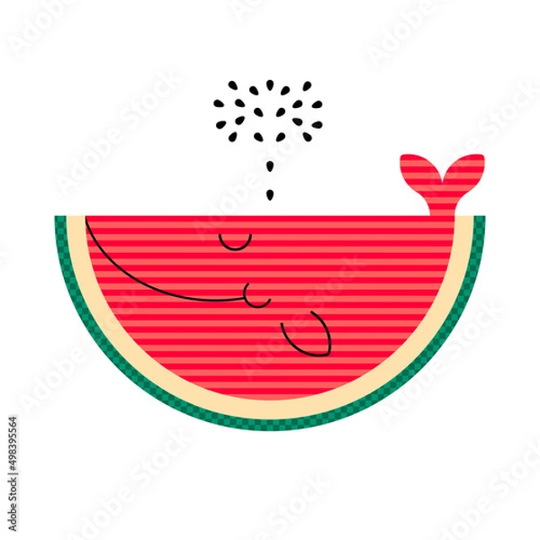 Obraz Cute smile watermelon whale isolated on white background. Flat Melon slice illustration with simple geometric shapes