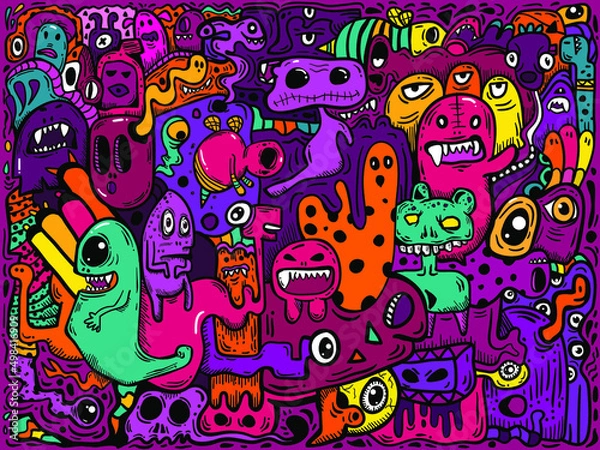 Fototapeta Hand Drawn Vivid Color Pattern Grafiti Draw Doodle Halloween Art Patterns For Textiles Children's Clothing, Background