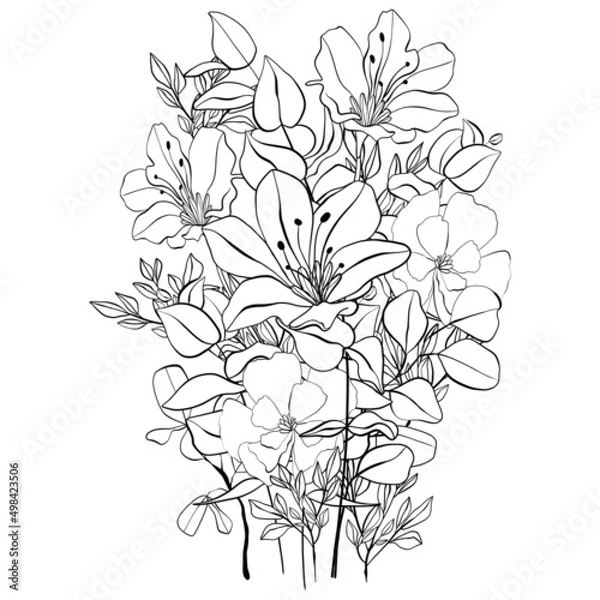 Fototapeta Bouquet of wild flowers. Composition from botanical elements. Flowers and leaves in line art style. Flower coloring page.