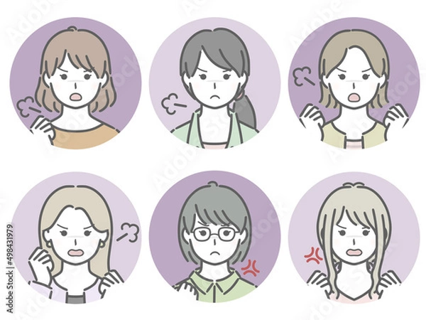 Fototapeta 怒る若い女性の丸アイコンセット（私服）