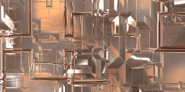 Fototapeta Glossy satin finish surface technology 3D pattern. Metallic panel texture with luxurious reflection. Polished geometric metal reflective futuristic material for background, wallpaper, spaceship hull.
