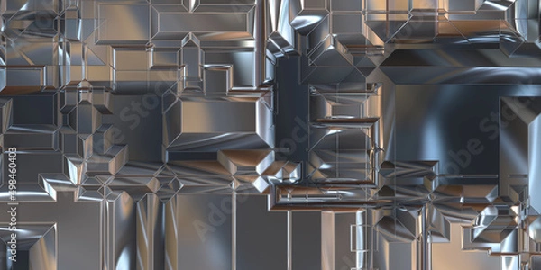 Fototapeta Glossy satin finish surface technology 3D pattern. Metallic panel texture with luxurious reflection. Polished geometric metal reflective futuristic material for background, wallpaper, spaceship hull.