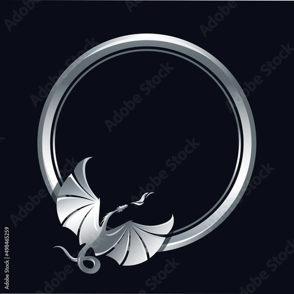 Fototapeta Circle frame with rising flying Dragon breathing fire. Art in silver and black colors. Vector illustration. Works well as label, icon, emblem, design element, print, mascot. Empty space for your text