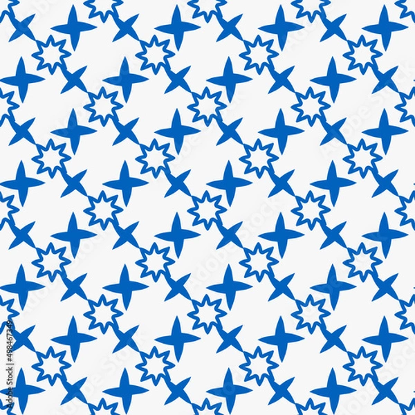 Fototapeta Blue stars are four-pointed and eight-pointed. Vector seamless pattern of the same shapes of blue stars.