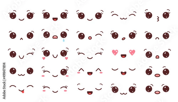 Fototapeta Set of kawaii faces. Collection of kawaii eyes and mouths with different emotions. Vector illustration isolated on white background