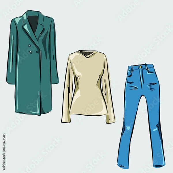Fototapeta Capsule basic wardrobe for a woman. Minimalism. Fashion. Big cupboard. Wardrobe with a set of clothes on hangers and bags. Isolated vector objects.
