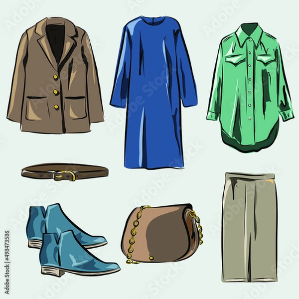Fototapeta Capsule basic wardrobe for a woman. Minimalism. Fashion. Big cupboard. Wardrobe with a set of clothes on hangers and bags. Isolated vector objects.