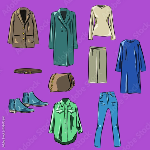 Fototapeta Capsule basic wardrobe for a woman. Minimalism. Fashion. Big cupboard. Wardrobe with a set of clothes on hangers and bags. Isolated vector objects.